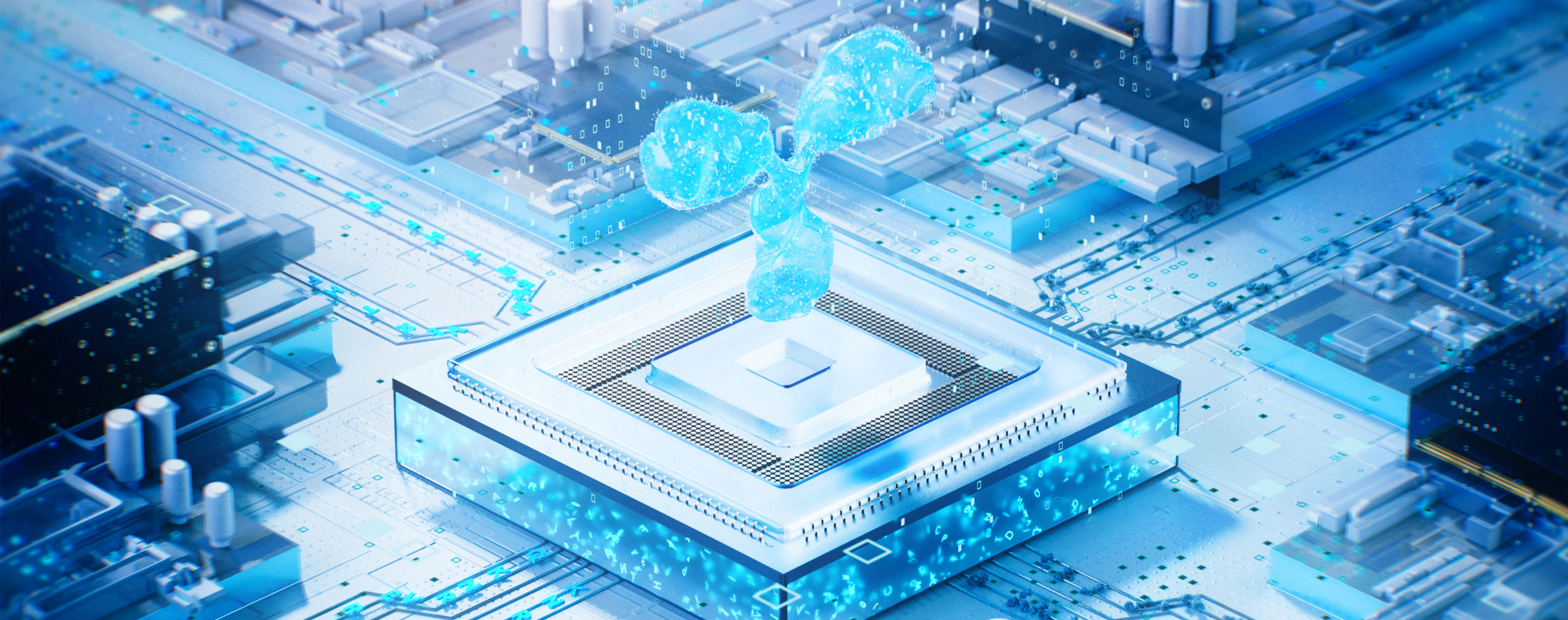 Image of a blue antibody on a white computer chip with circuits running in and out of the chip.