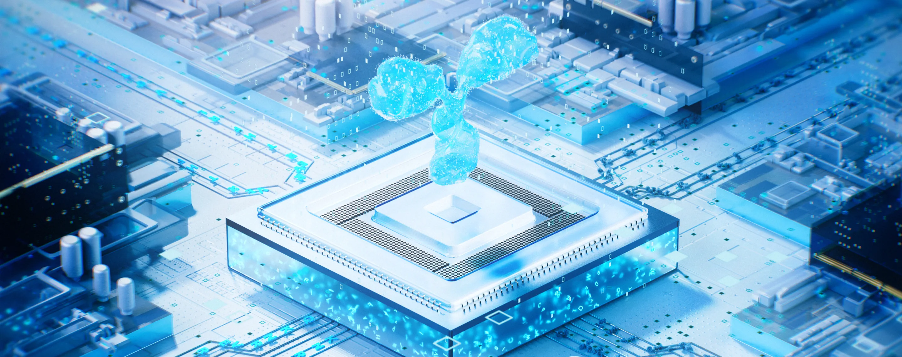 Image of a blue antibody on a white computer chip with circuits running in and out of the chip.